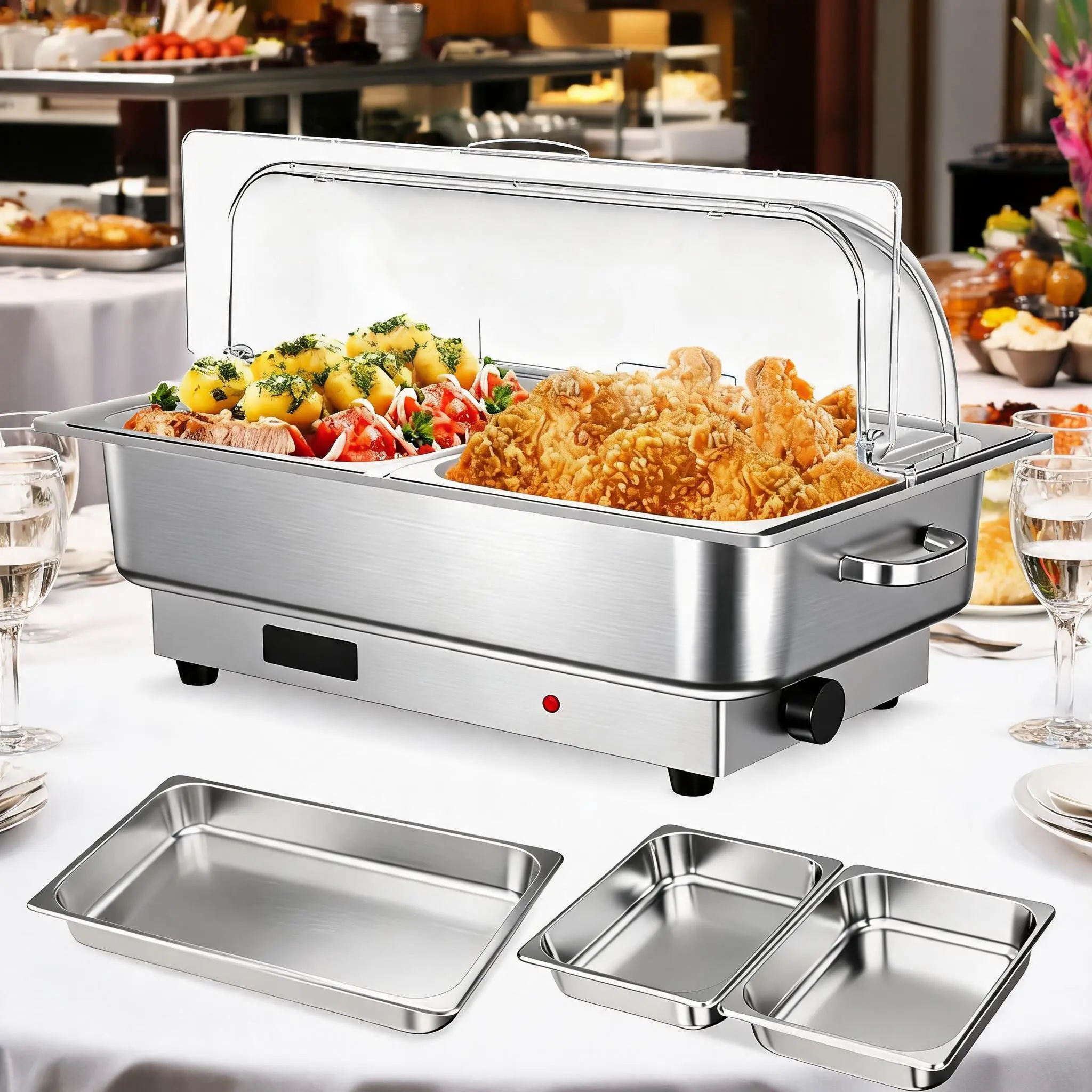 Stainless Steel Electric Chafing Dish Buffet Set – 9QT Food Warmer with Digital Temperature Control, Transparent Lid, 3-Section Compartments – Perfect for Catering, Parties, Weddings – Complete Buffet Equipment