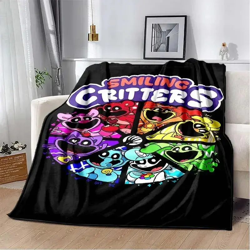 Smiling Critters Soft Breathable Flannel Throw Blanket, Multi-Size Solid Black Color Wheel Colorful Print Game Characters Fleece Blanket, Teen Horror Indie Game Bedroom Sofa Decor Gift for Gamers, Travel Camping Use