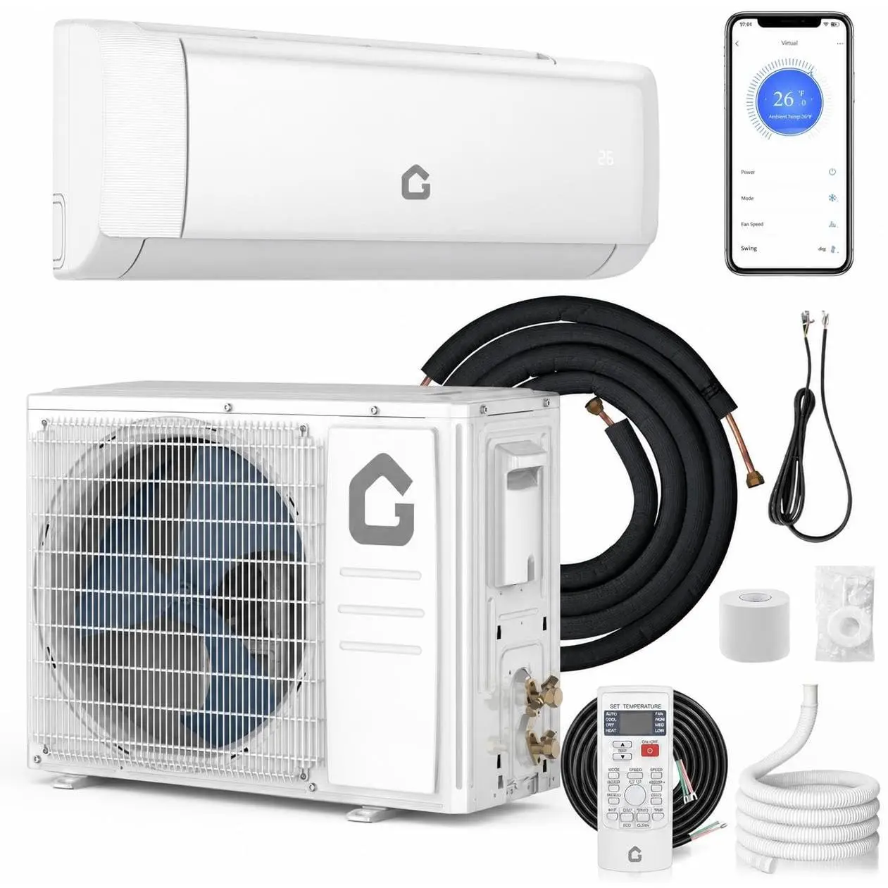 9000BTU Ductless Mini Split AC & Heat Pump with Install Kit, Cools 450-550sq ft, Meets Home Improvement Heating & Cooling Needs, Cool/Heat