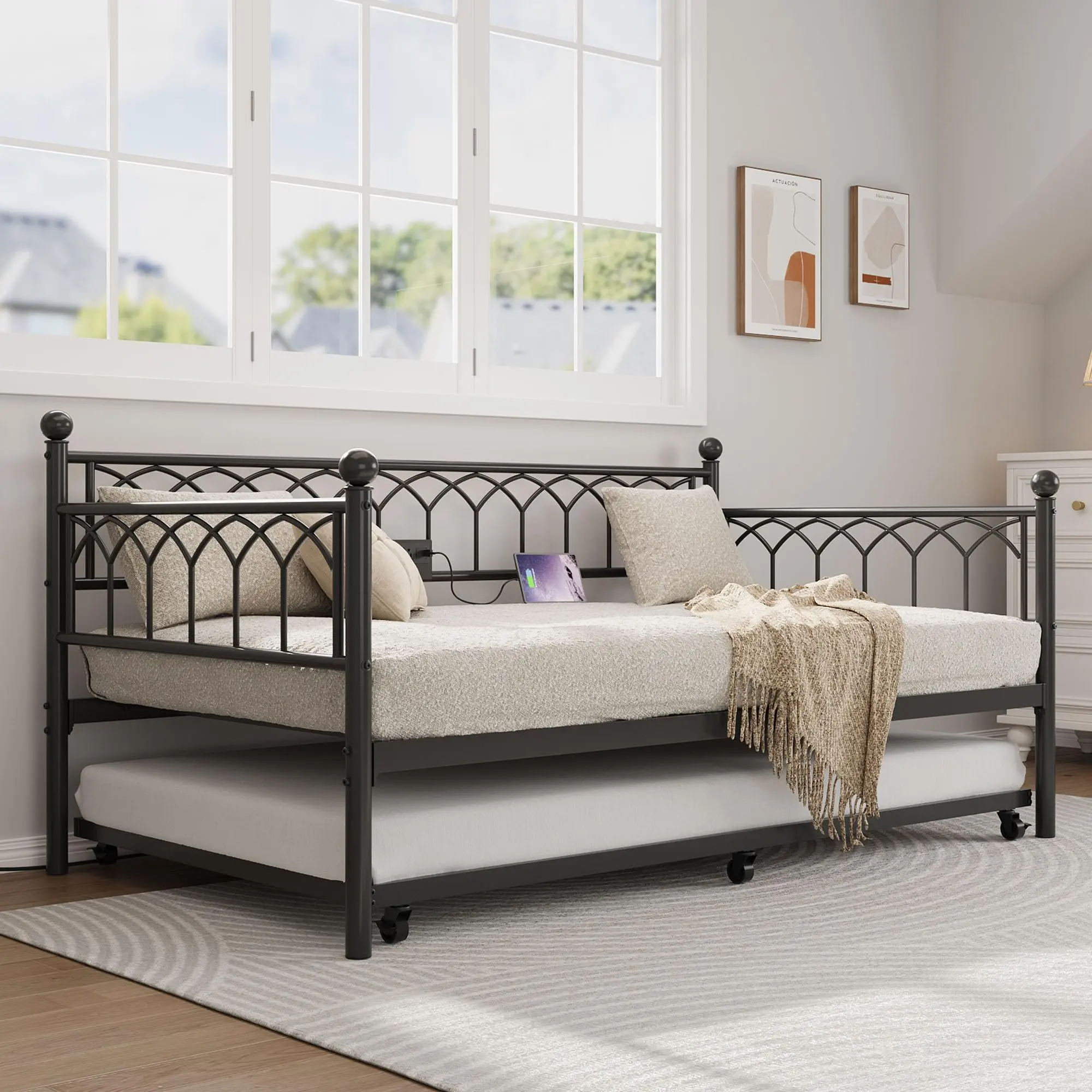 Garvee Twin Size Metal Roll Out Trundle Bed Frame with Wheels and Slats Support, Black