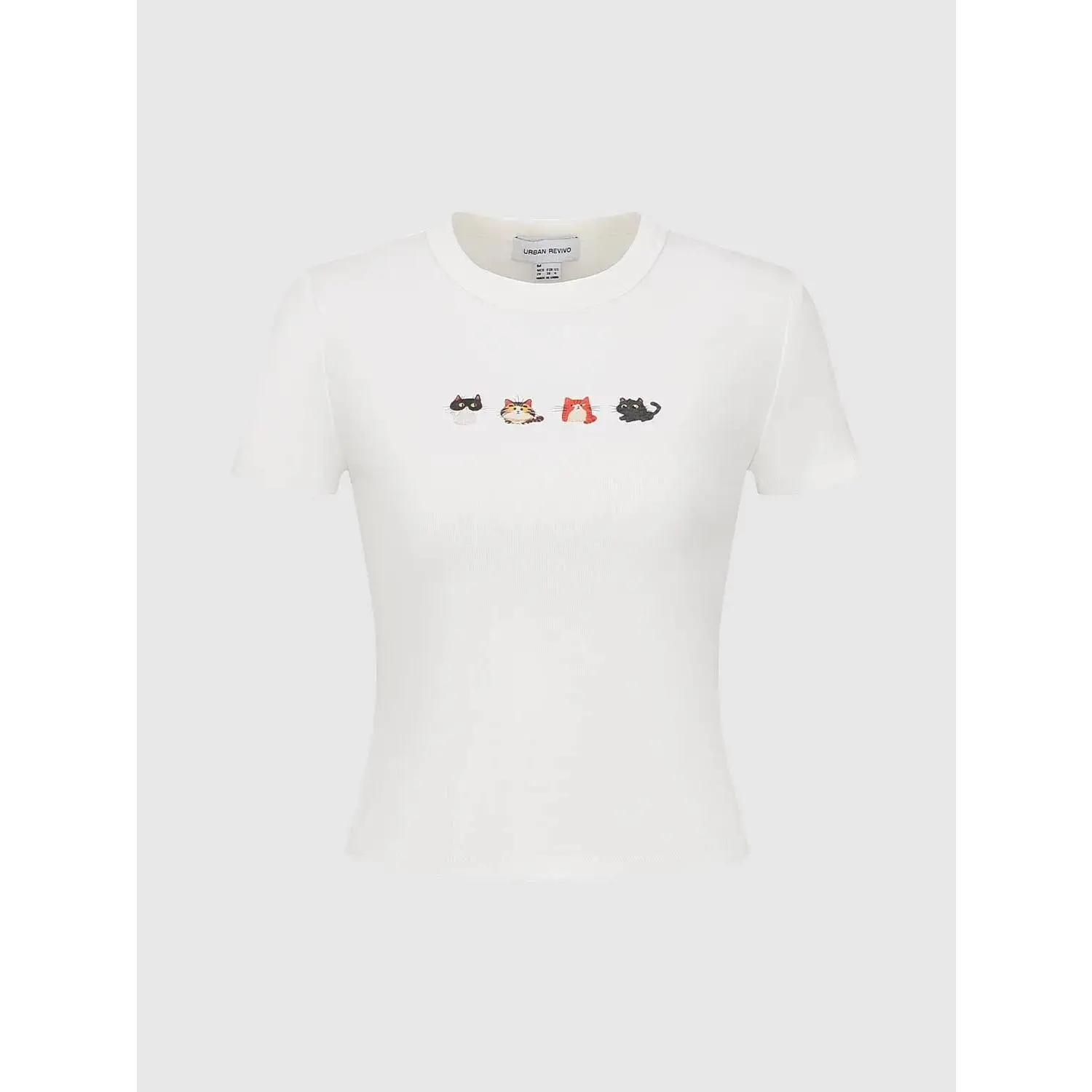 URBAN REVIVO Cotton Embroidered Cat Motifs T-Shirt