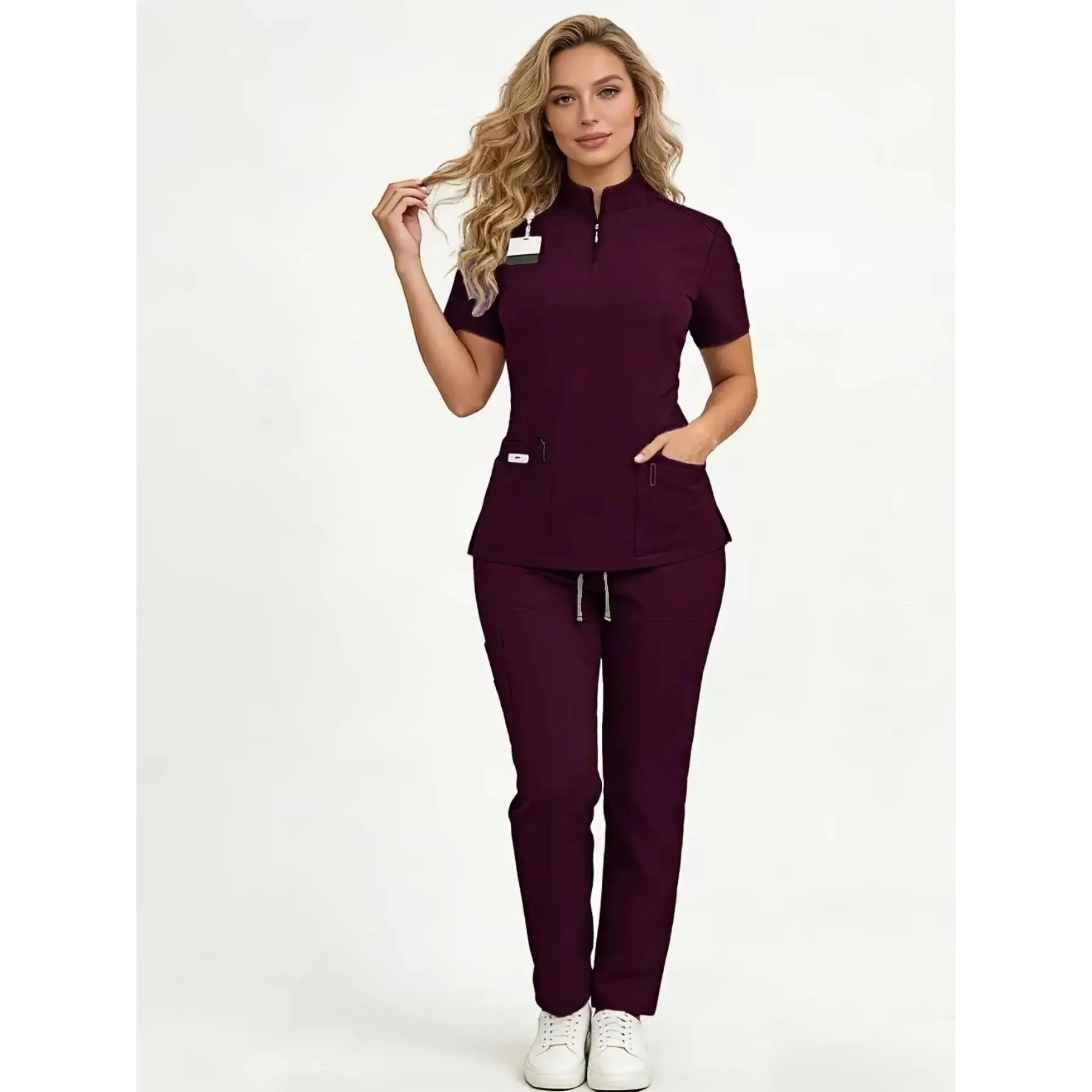 Women's Healthcare Scrub Set Uniforms with Multi-Pockets, Short-Sleeve Casual Loose-Fitting Design in Breathable Quick-Dry Wrinkle-Resistant Fabric, for Home and Clinic Use,jumpsuit,Elastic,Split,scrubs,Stretch,Fully,Woman,Navy,Stretchy,Washable