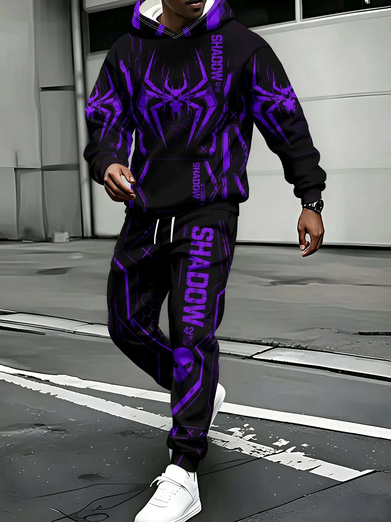 Men's two‑piece set: cyber‑purge geometric digitally‑printed long‑sleeved hooded sweatshirt and drawstring casual trousers. The flat digital print features no concave‑convex texture, making this versatile outfit an easy‑going daily‑wear casual suit.