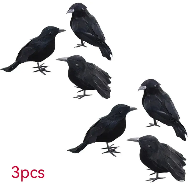 3Pcs Realistic Feathered Black Crow Ornaments Halloween Gothic Raven Decor Props, Lifelike Fake Crow Bird Statues with Bendable Wire Feet, Indoor Outdoor Yard Tree Haunted House Bar Classroom Layout Decor, Spooky Halloween Party Decor Gift Supplies for Tr