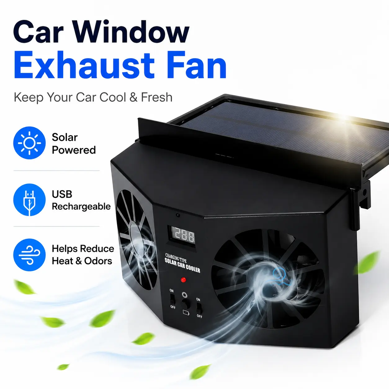 Solar-Powered Car Window Exhaust Fan, USB Rechargeable Auto Ventilator for Front & Rear Windows, Helps Reduce Heat and Odors, Compact Quiet Cooling Fan for Parked Cars & Summer Driving