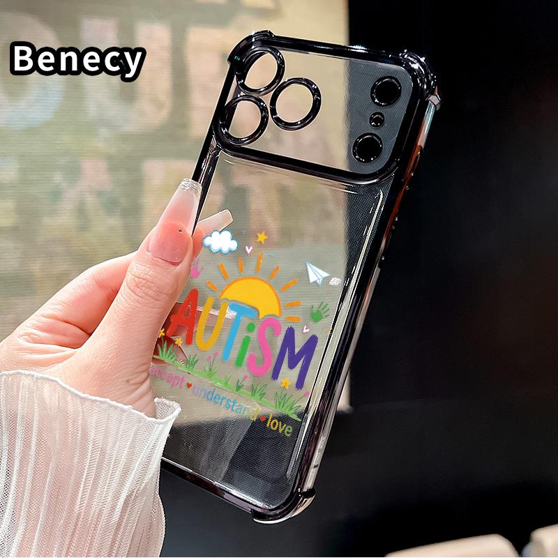 Autism Love & Understanding Pattern Phone Case for iPhone 17 Pro Max 16 15 Plus Air 14 13 12 11 E Electroplated Four-Corner Anti-Fall Protection Cellphone Cover