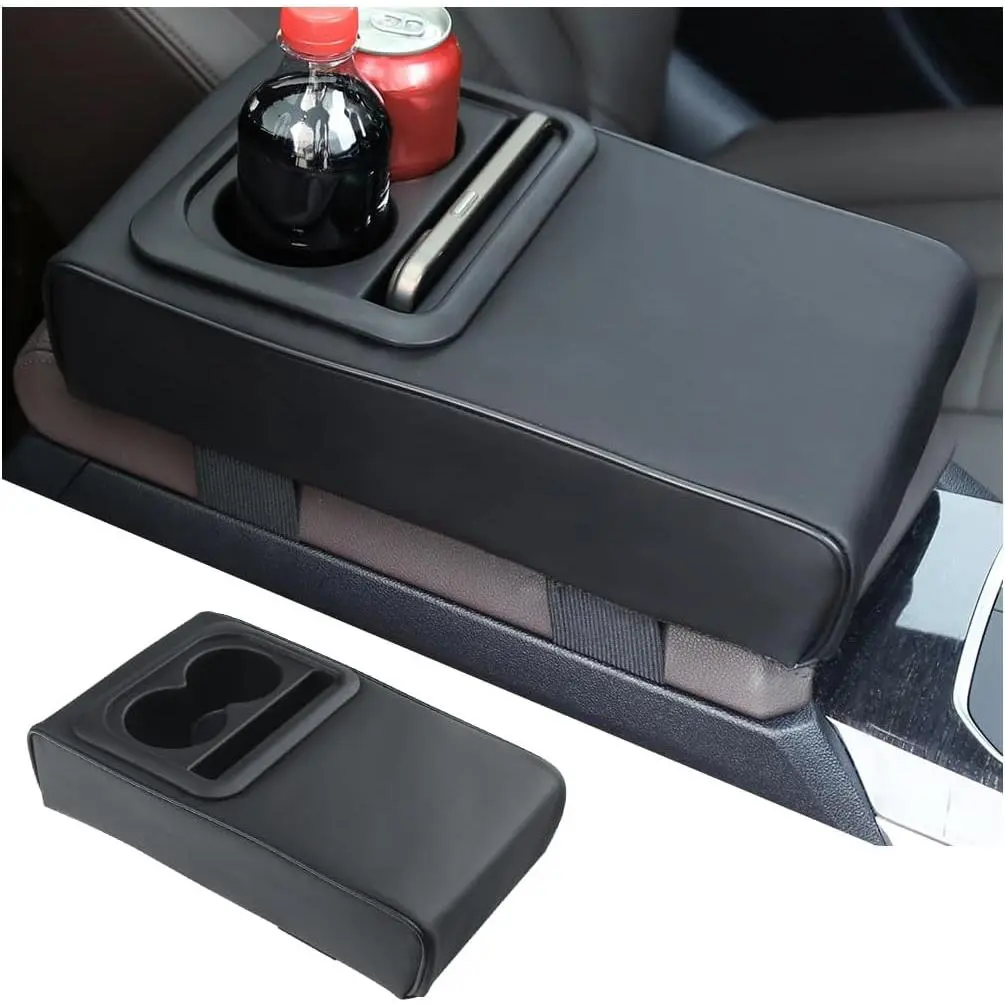 Center Console Armrest Pillow with Cup Holder, Leather Middle Console Protection Cushion with Phone Holder, Memory  Auto Arm Rest Box Cover,   Accessories (Black)