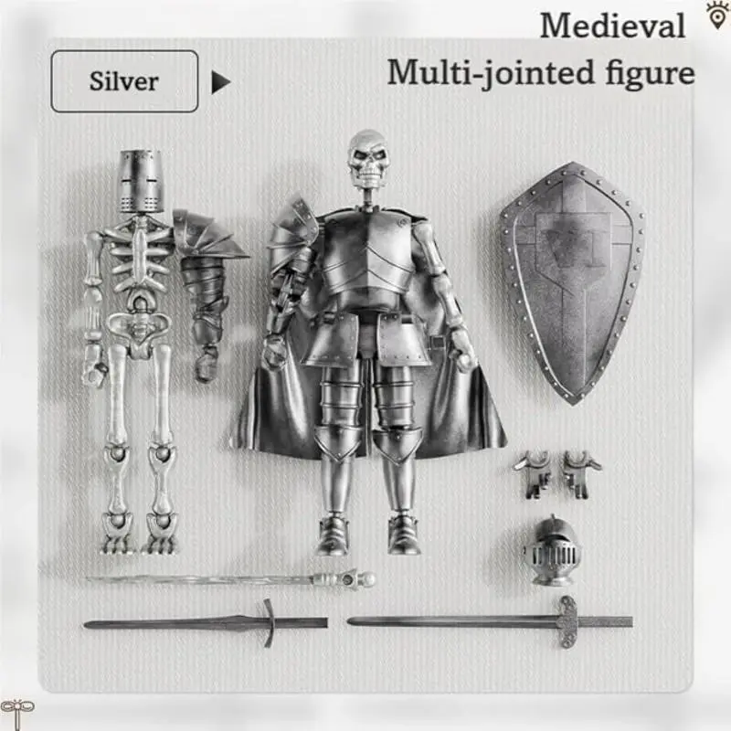 2pcs Medieval Skull Knight Dolls, Vintage Color, Full Body Jointed Action Figures, DIY Puzzle Game, Desktop Decor, Halloween Christmas Birthday Gift Set