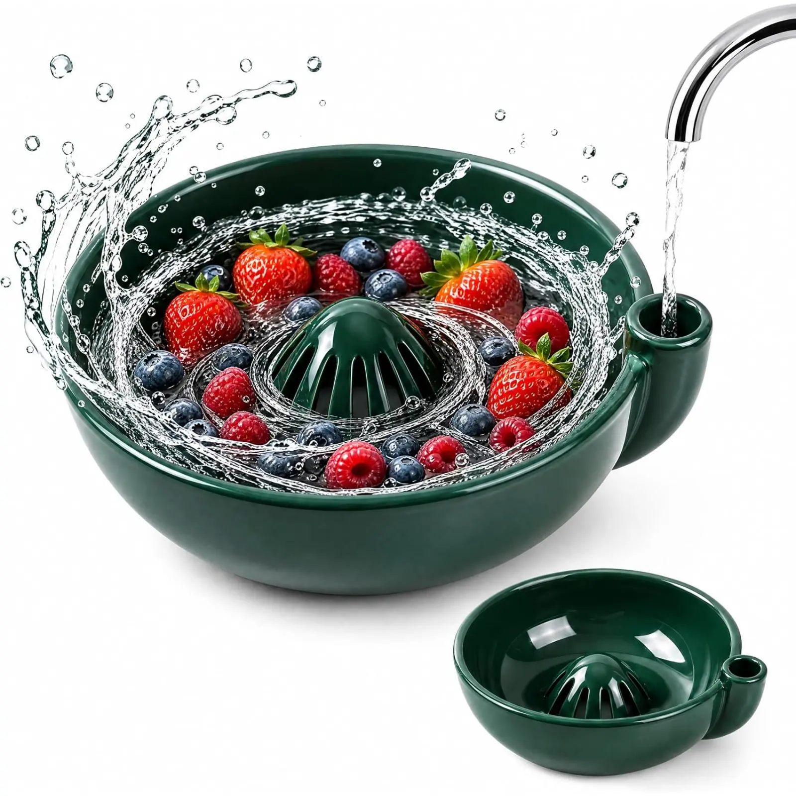 Ceramic Self‑Spinning Berry Washing Bowl, Vortex Fruit Colander with Drain Glazed Ceramic Vortex Berry Bowl, Self‑Spinning Swirl Cleans Berries, Grapes & Cherry Tomatoes, Convenient Built‑In Drain, Fruit Washer Spinner