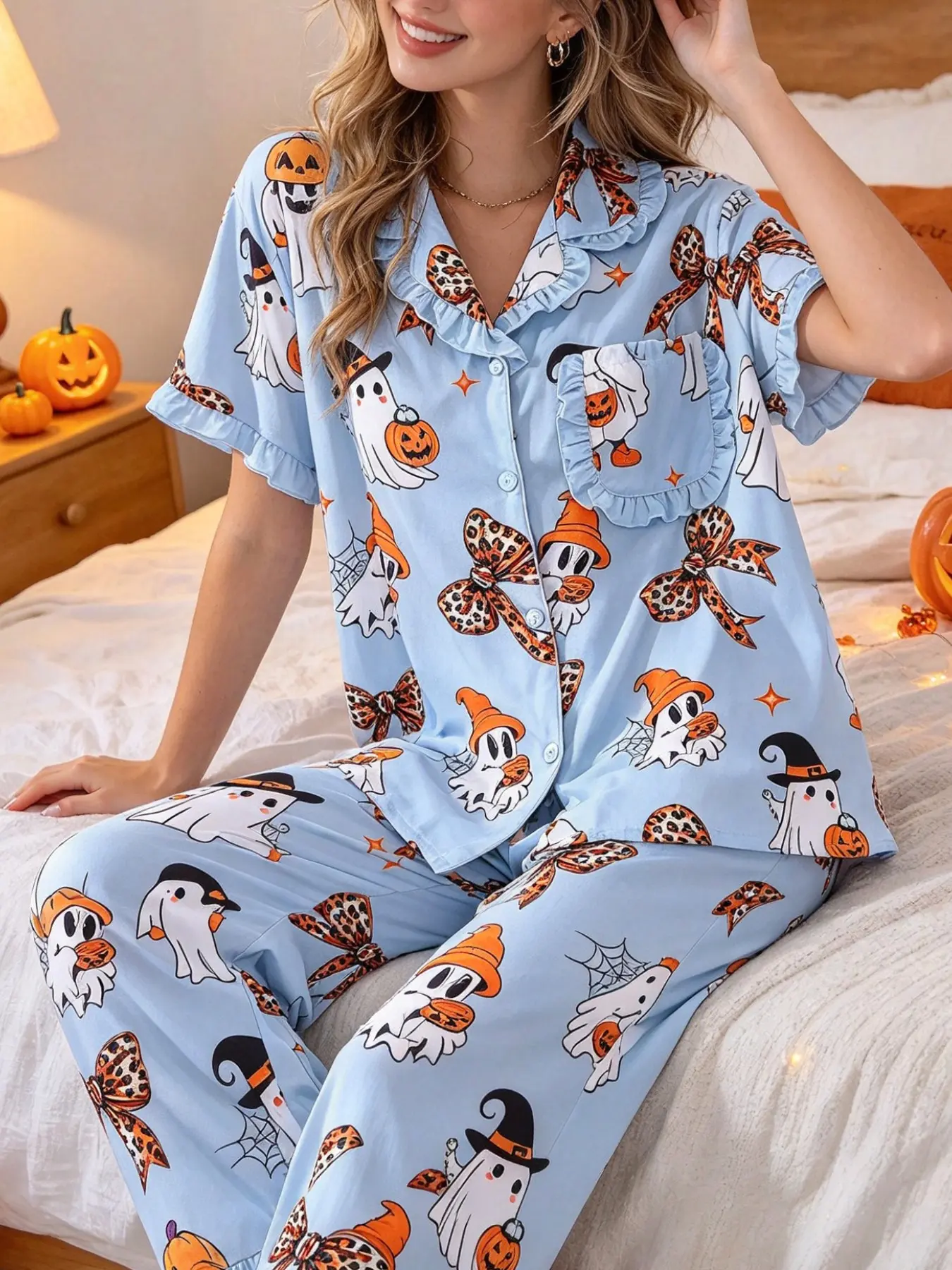 Halloween Women's Pajama Set, Ghost Pumpkin & Leopard Bow Print, Ruffled Sleeves and Pants, Short Sleeve 2-Piece Set, Comfortable Home Wear
