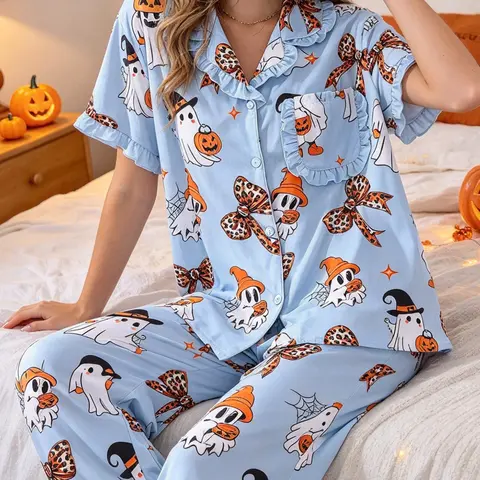 Women's Halloween 2-Piece Pajama Set with Ghost, Pumpkin and Leopard-Print Bow Pattern, Ruffle-Trim Short-Sleeve Top and Pants, Loungewear for Sleeping & Casual Wear Nightwear