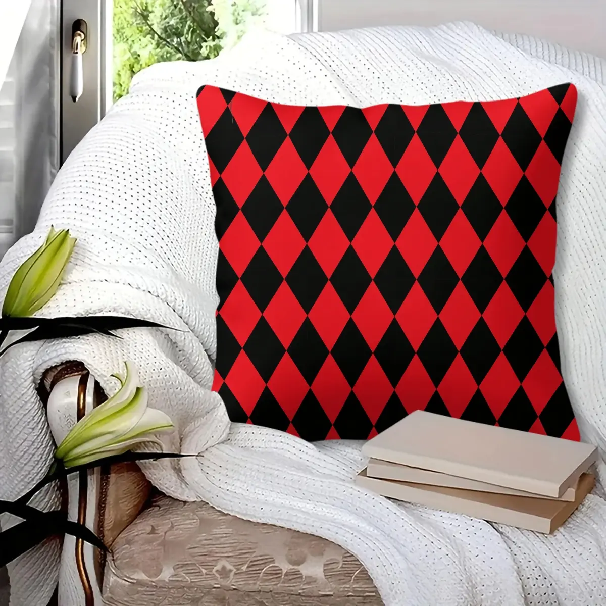 45x45cm 1Pc Red Black Harlequin Diamond Print Throw Pillow, Soft Fluffy Cozy Durable Decorative Cushion, Ideal for Sofa, Bed, Living Room and Bedroom Decor, Perfect Small Holiday Gift for Friends and Family