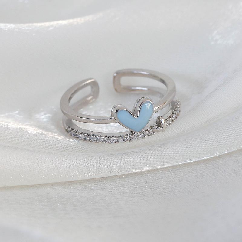 Spring and summer macaron-colored oil-drip flower heart ring with zircon inlay, open niche ring for women, personalized index finger ring