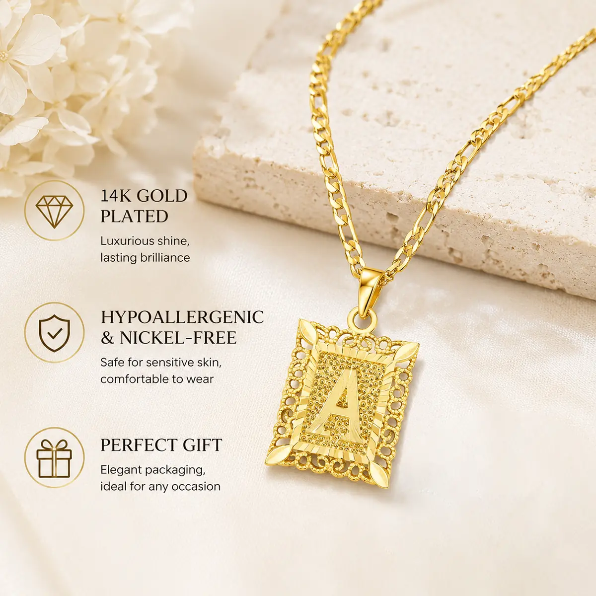 14K Gold Plated A-Z Initial Necklace, Unisex Square Capital Monogram Pendant Necklace for Men Women, Chic Letter Pendant Figaro Chain Jewelry Festivals, Birthdays, and Special Occasions Holiday Gift Couple Necklace