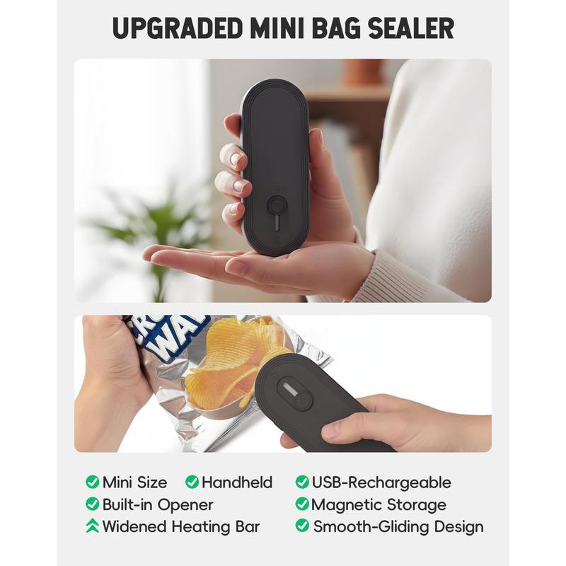Mini Bag Sealer with Cutter and Magnet, 1800mAh Rechargeable Bag Resealer Handheld, Portable Heat Sealer for Heavy-Duty Plastic Snack & Chip Bags, Upgraded, Gift for Women, Food Saver, Kitchen Storage