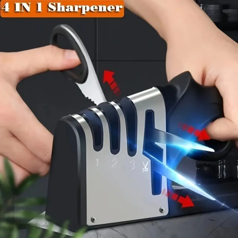4-In-1 Professional Kitchen Cutting Tool Sharpener | Fast, simple and efficient sharpener for a variety of cutting tools including knives - non-slip base, suitable for home and restaurant use, ABS material, Kitchenware