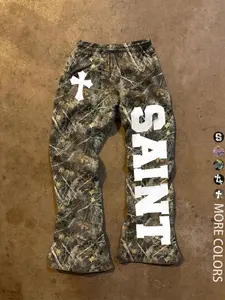 Unisex Street Style Saint Print Camo Pants, Fitted Long Trousers for All Seasons, Casual Daily Wear, Y2K Fashion, Men's Gift