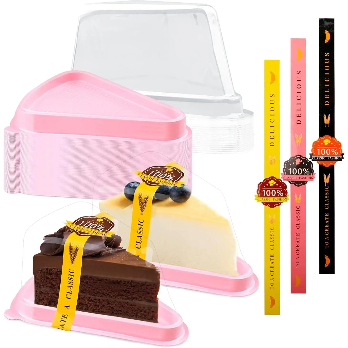 50 Pack Cake Slice Containers, Clear Plastic Cake Containers Disposable Cheesecake Containers Individual Cake Pie Slice Boxes with  for Small Pies Snack Dessert - Bonus 50 count Stickers ()