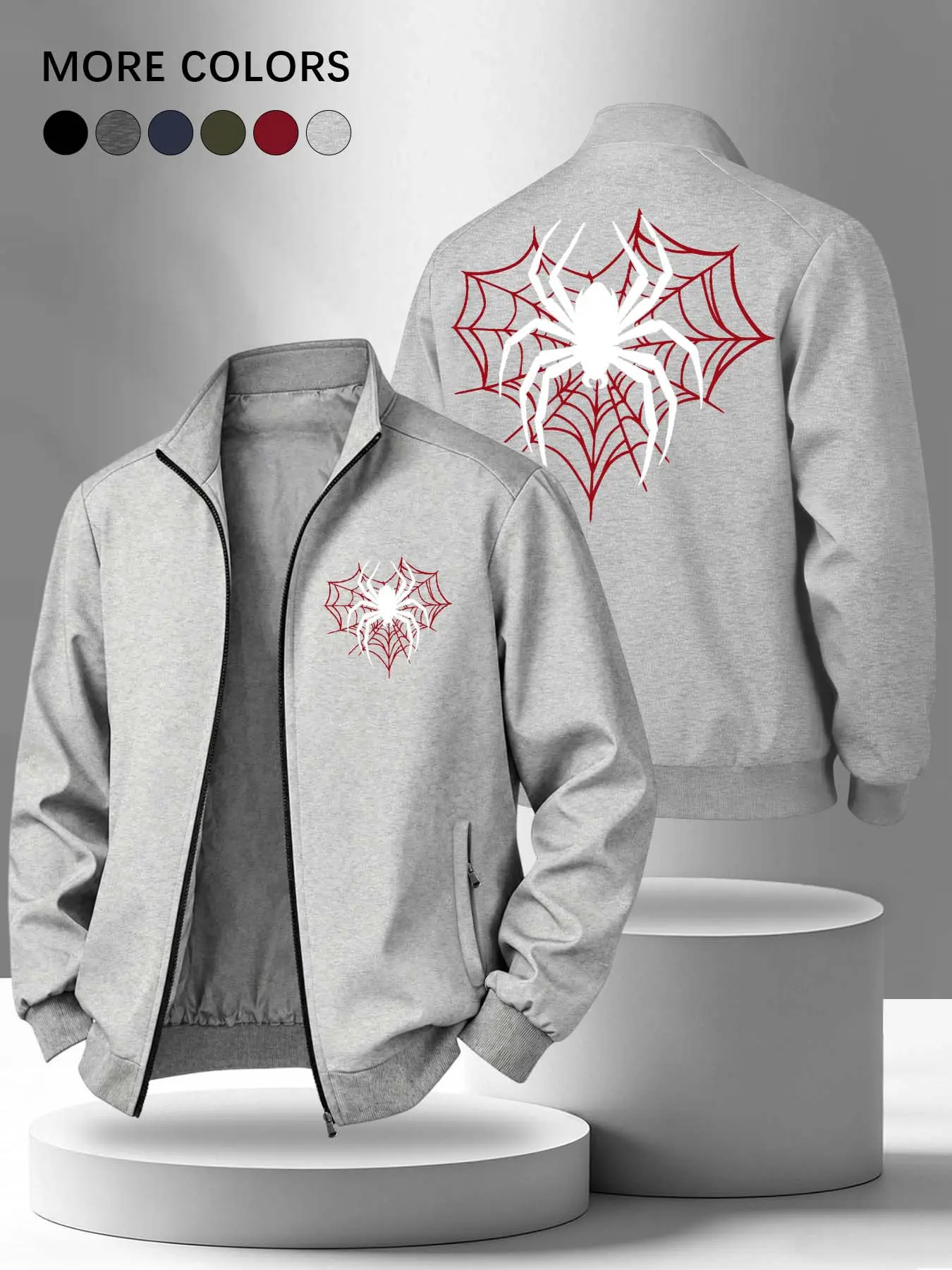 Men's Spring Summer Casual Streetwear Jacket, Spider Web Print, Zip Pocket Design, Loose-Fit, Unlined, Plain Surface, Ideal for Daily Commute, Casual Fashion Jacket