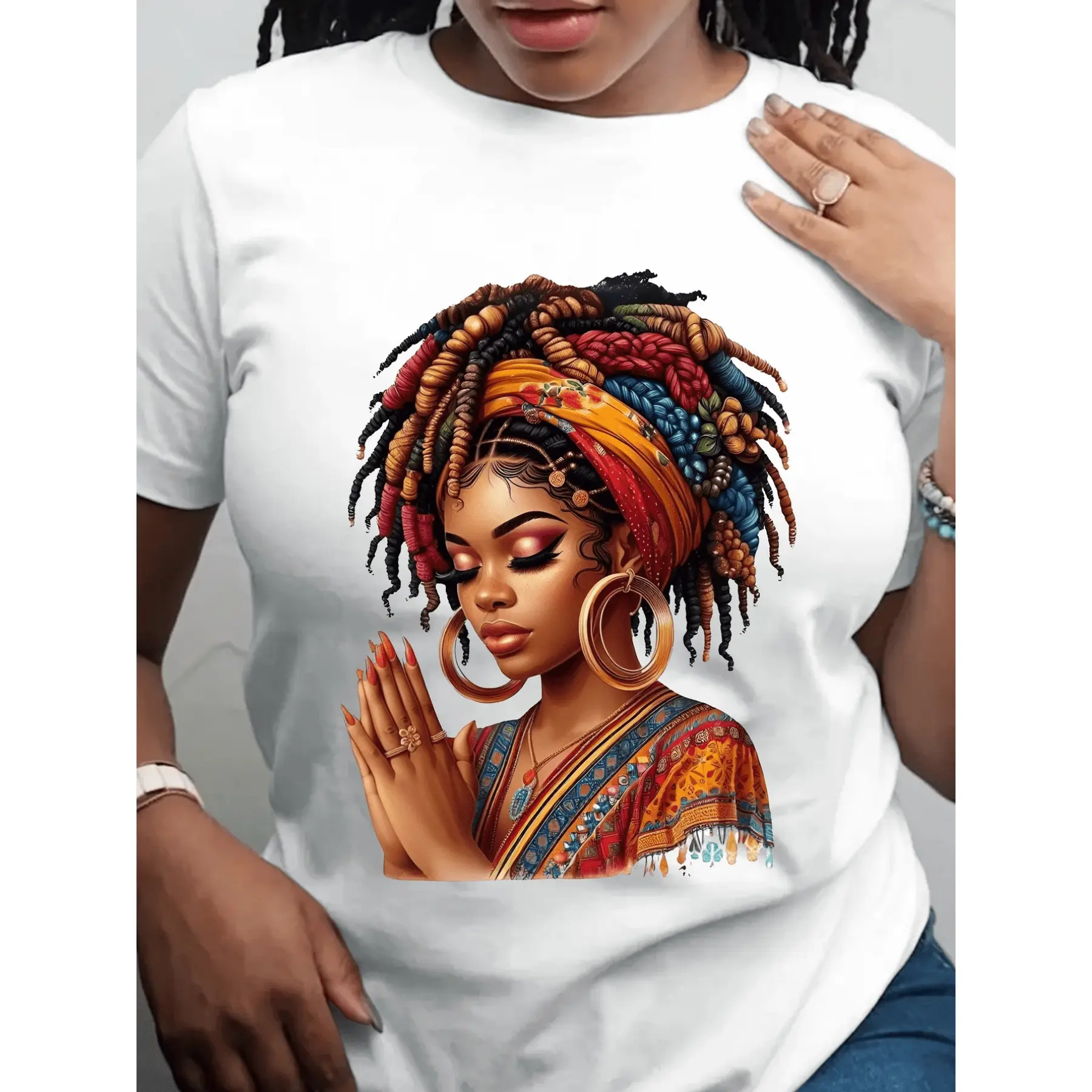 Women's Plus Size African Print T-Shirt, Casual Loose Fit Round Neck Top with Short Sleeves in Smooth Polyester Knit, Crew Neck