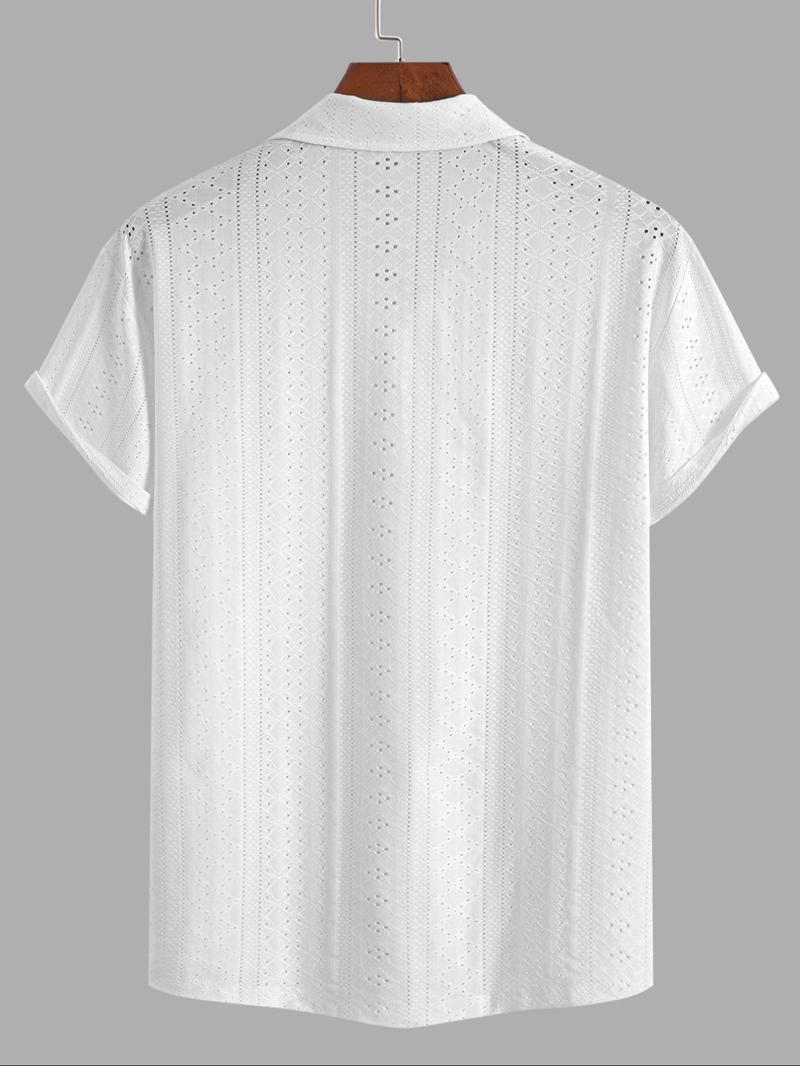 Men's Plain Hollow Out Short Sleeve Button Down Shirt, Regular Fit Casual Solid Shirt Collared Top for Summer, Fashion Men's Clothes for Daily Wear, Menswear, Casual Everyday Wear, Casual Trendy Shirt