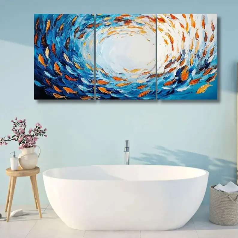 Colorful Fish School Canvas Art, Abstract Ocean Wall Decor Set
