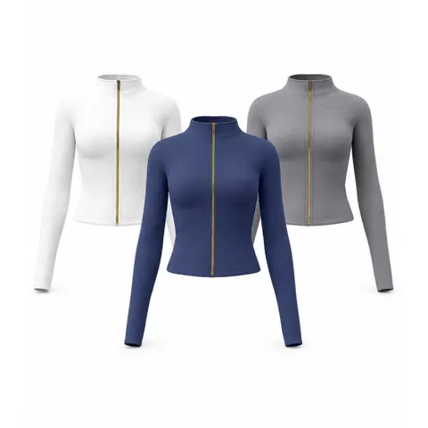 Golden Zip Women's Sport Jacket, Gold Zipper Slim Fit Long Sleeve Yoga Running Coat with Thumb Holes, Soft Skin-Friendly Cropped Athletic Top for Gym Casual Streamline Performance Jacket, Essential Yoga Jacket, Sporty Jacket, Sports Yoga Jacket