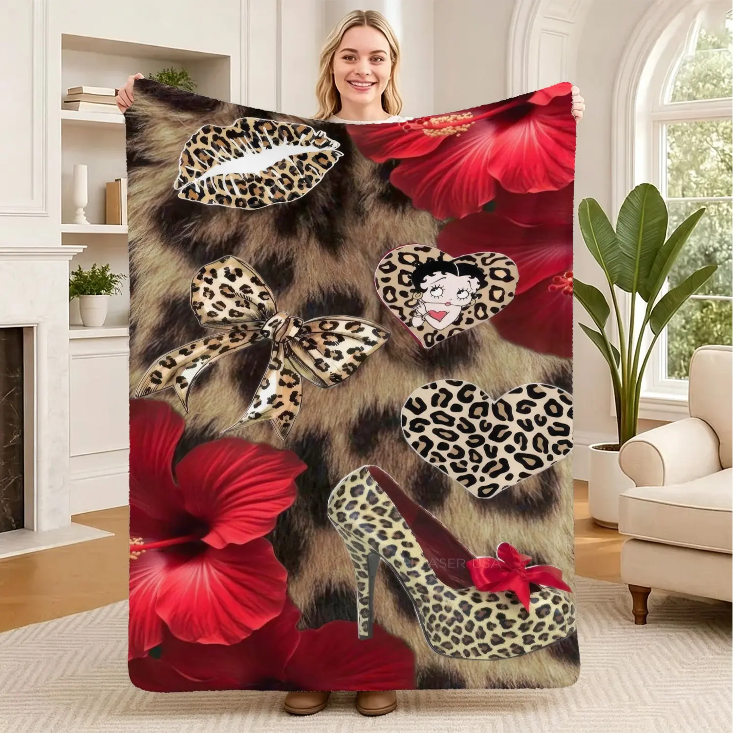 Leopard Print Flower Pattern Throw Blanket, Soft Flannel Decorative Blanket, Retro Y2K Plush Blanket, for Sofa, Bed, Couch, Trendy Bedroom Decor, Gift for Leopard Y2K Lovers