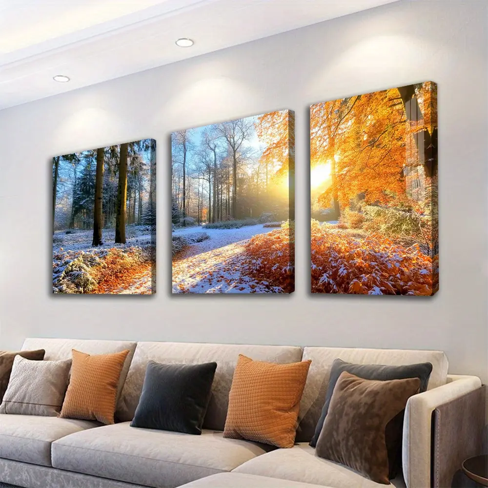 Sunlight Falls Upon The Snow-Covered Forest 3-Piece Canvas Wall Art - Framed, Ready To Hang - For Living Room Office - Perfect Gift For Housewarming Christmas New Year - Wall Decor, Home Decoration