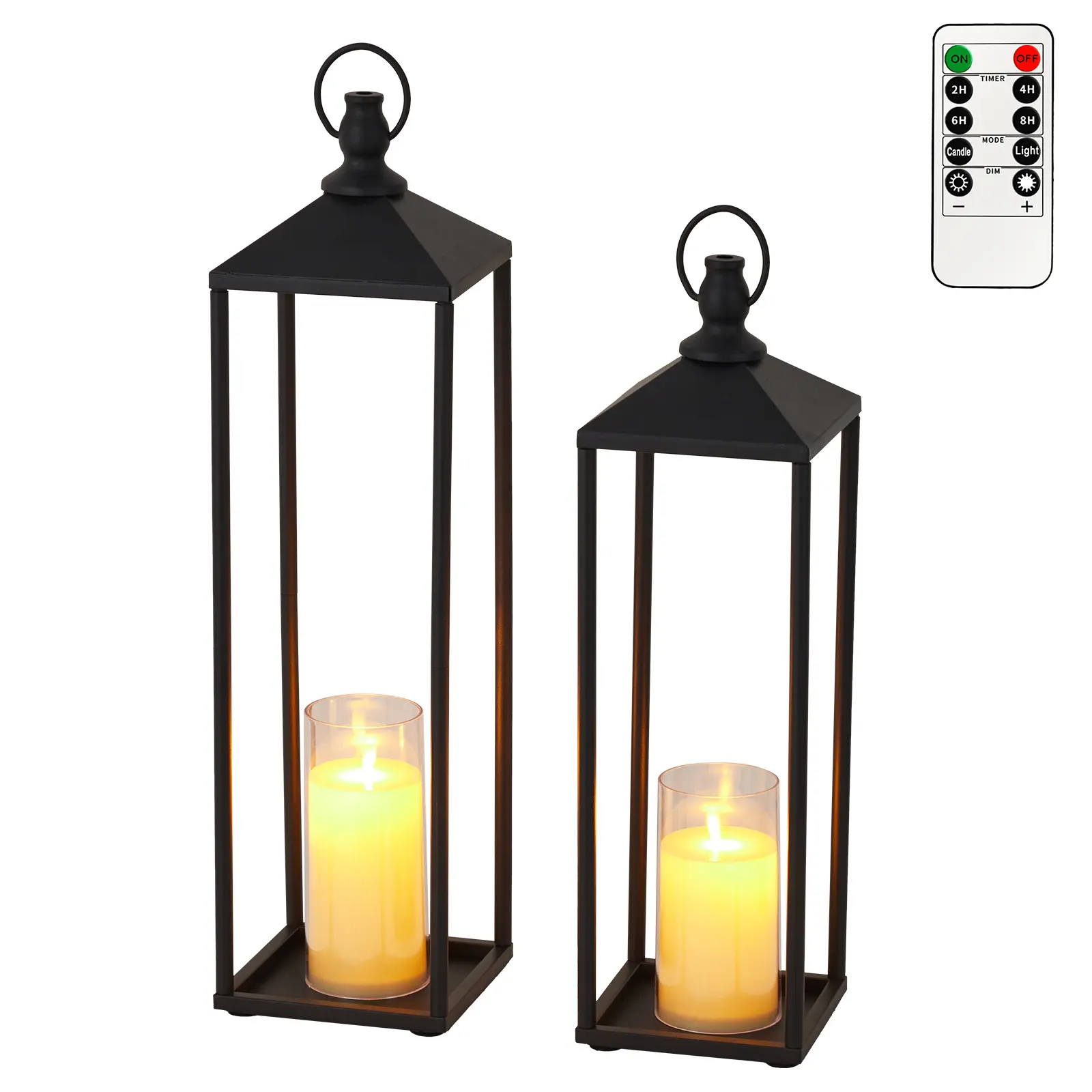 2PC Lanterns Decorative Outdoor & Indoor, Modern Metal Black Lantern With Flameless LED Candles