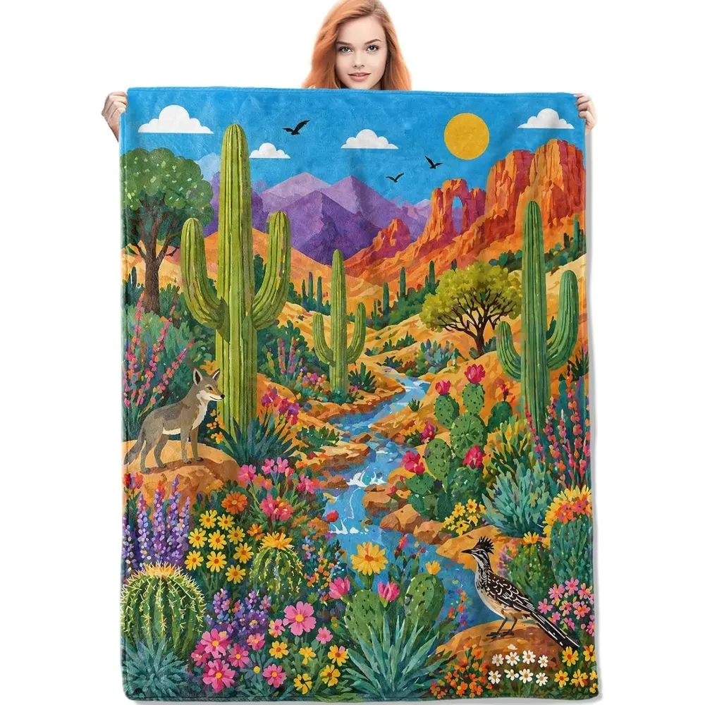 1PC Southwestern-style desert cactus blanket, cozy flannel throw, soft and lightweight home living room bed blanket, gift blanket suitable for women