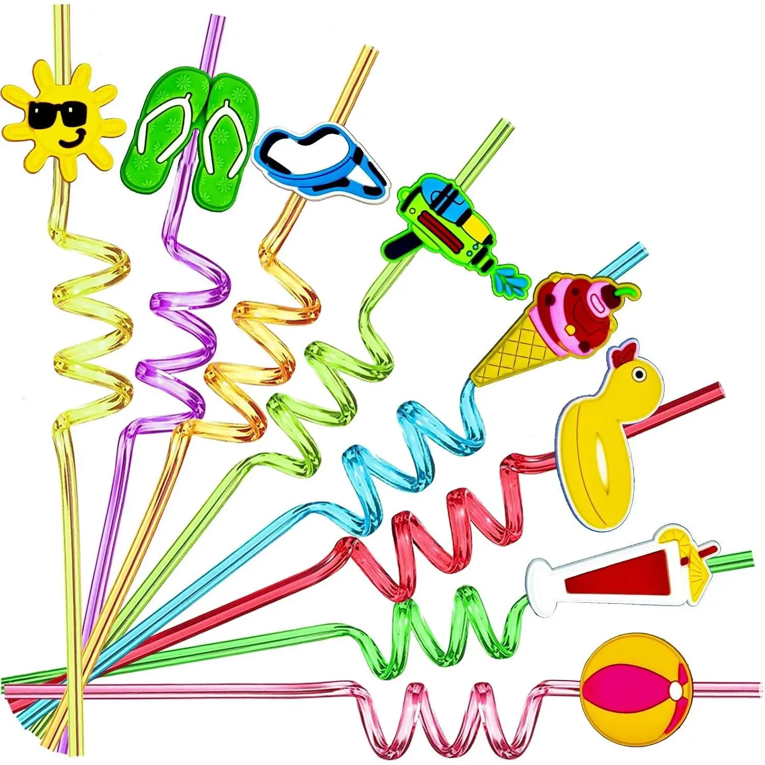 24 Pack Reusable Plastic Cocktail Straws in 8 Colors - Beach Theme Party Decorations with 2 Cleaning Brushes, Ideal for Summer Pool Birthday Parties