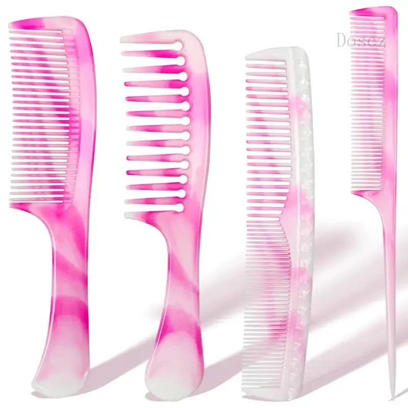Unisex 4-Piece Family Detangler Combs Set - Rat Tail, Wide Tooth, Fine Tooth, Dual Ended Plastic Bristles Combs, Long-Lasting, Frizz-Reducing, Wet/Dry Use, One Size, Daily Use for All Hair Types (Pink)