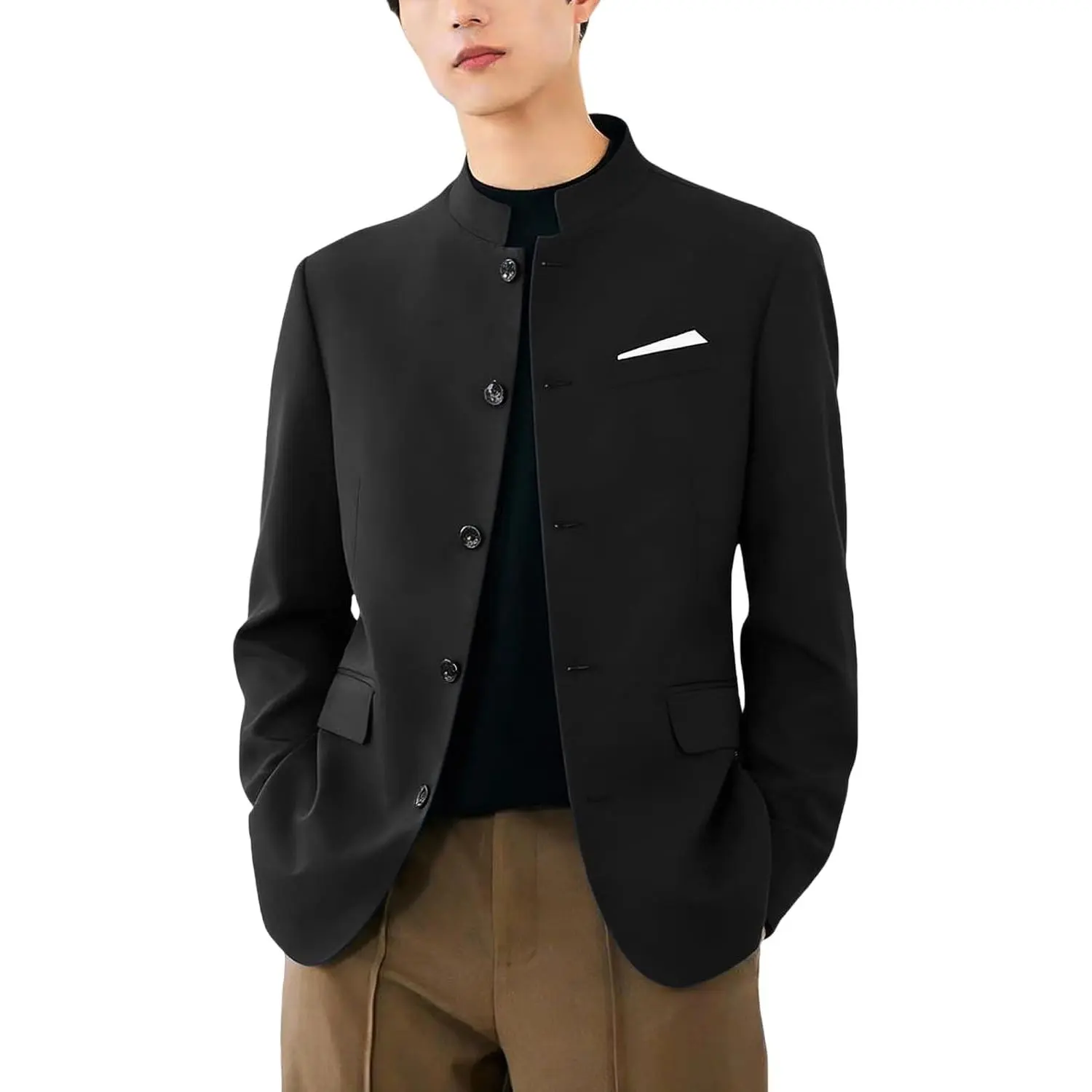 Men's Chinese Suit Jacket Formal Slim Fit Traditional Mandarin Collar Blazer for Wedding Business Casual Events
