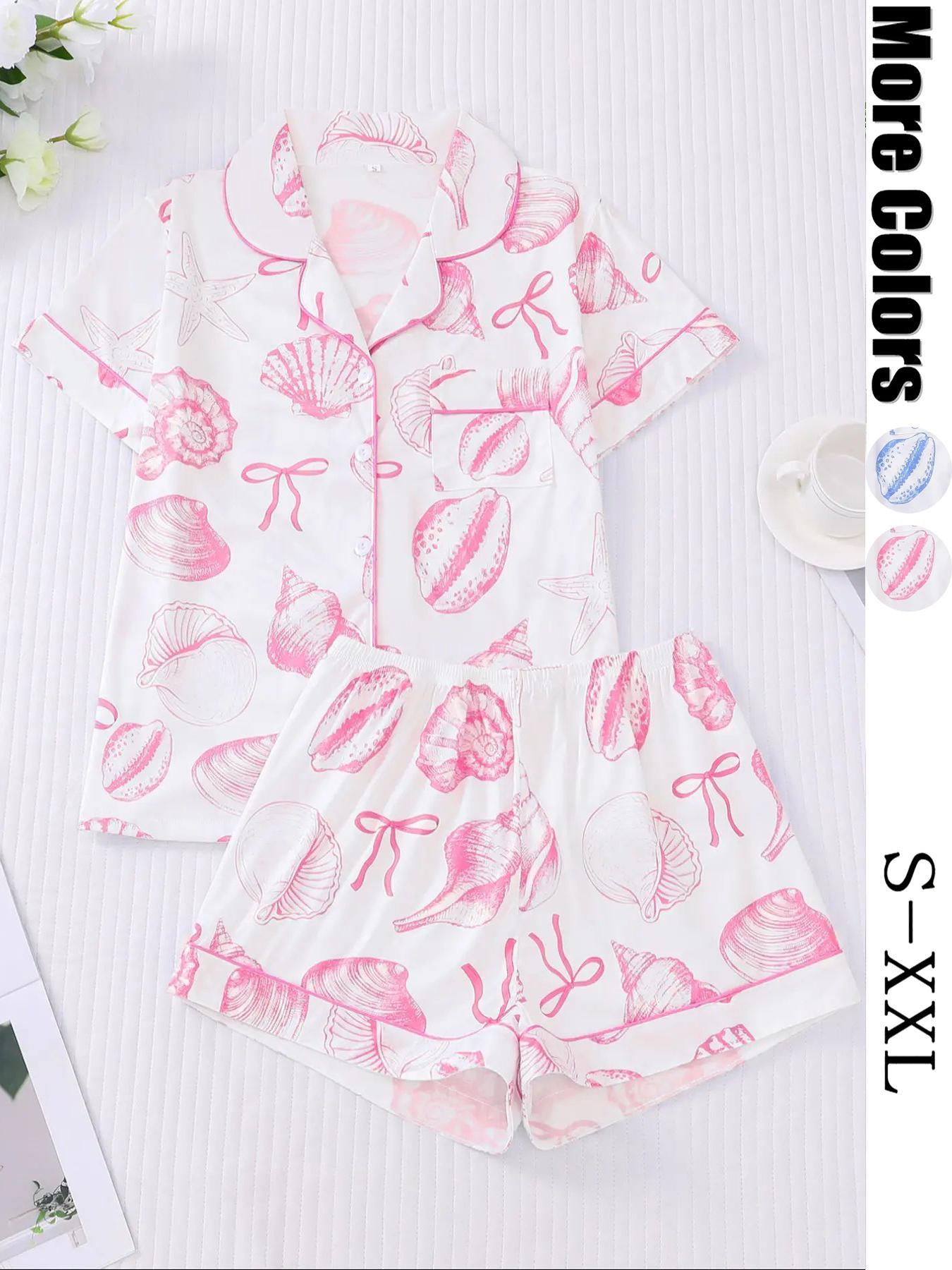 Women's All Over Print Button Front Top & Elastic Waist Shorts Pyjama Two-piece Set, Casual Comfy Short Sleeve Top & Shorts Pj Set, Ladies Sleepwear & Loungewear for All Seasons