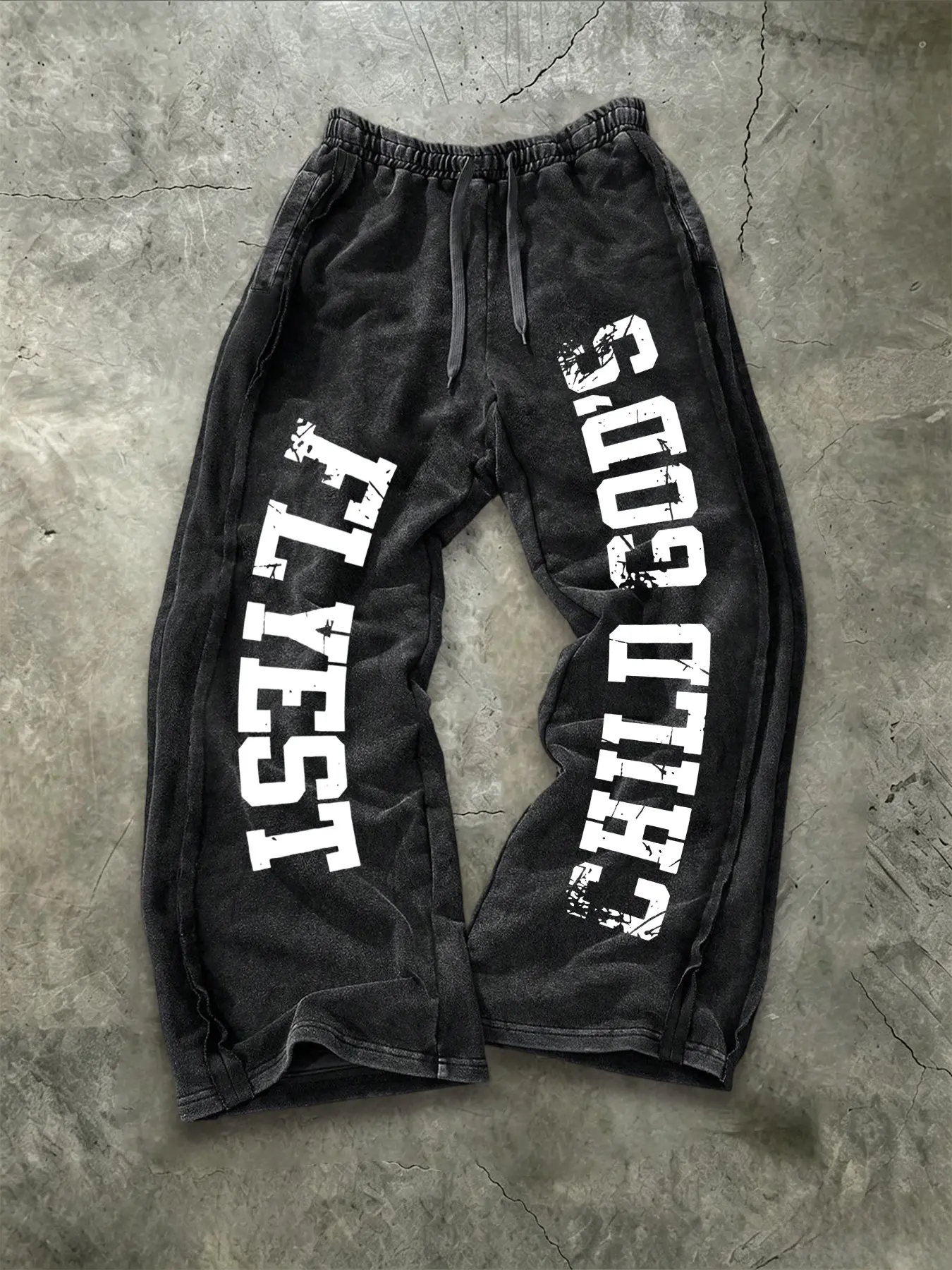 Men's Washed Vintage Vertical Ripped English Wide Leg Print Sweatpants, American Retro High Street Loose Fit Casual Long Pants, Casual Loungewear Pants