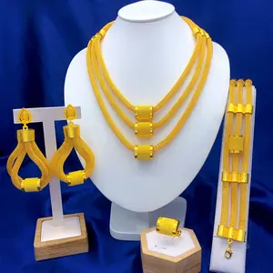 Women's 4-Piece Gold Mesh Statement Jewelry Set - 18K Gold Plated, Anti-Tarnish Layered Necklace, Drop Earrings, Bracelet & Ring for Bridal, Everyday Wear