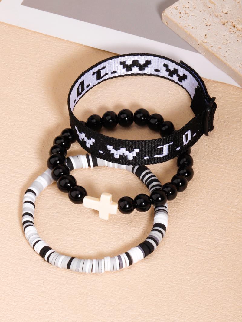 WWJD Letter Beaded Bracelet, Fashionable Cross Charm Decor Beaded Bracelet for Women & Men, Trendy All-match & Exquisite Jewelry for Birthday Gift, Stackable Bracelets