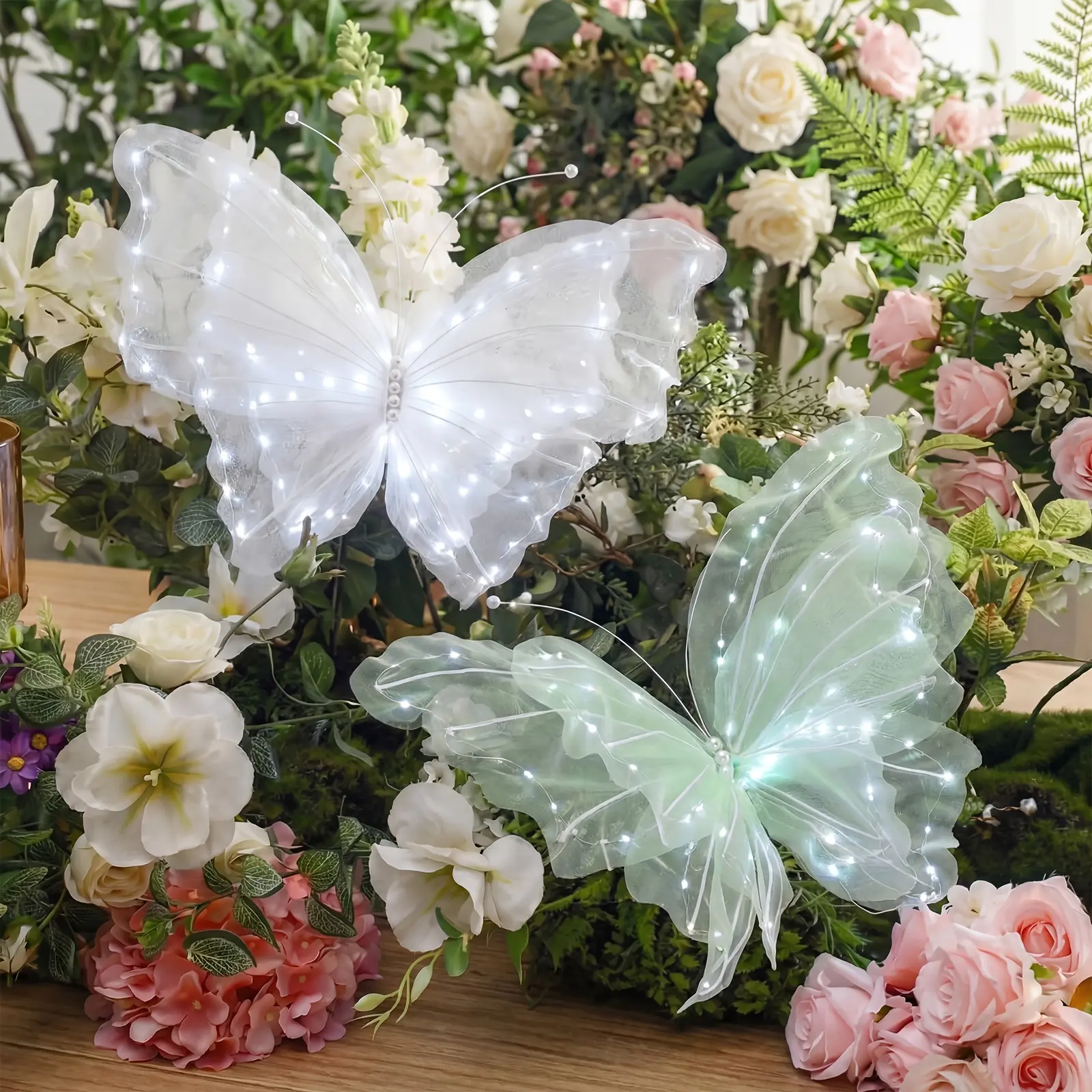 2-Pack Luminous Organza Butterfly Decorations, Large Iridescent Mesh Butterflies with LED Star Lights, Hanging Butterfly Ornaments, Ideal for Wedding, Birthday, Bridal Shower, Indoor Party, Bedroom Wall and Curtain Ambiance Decor