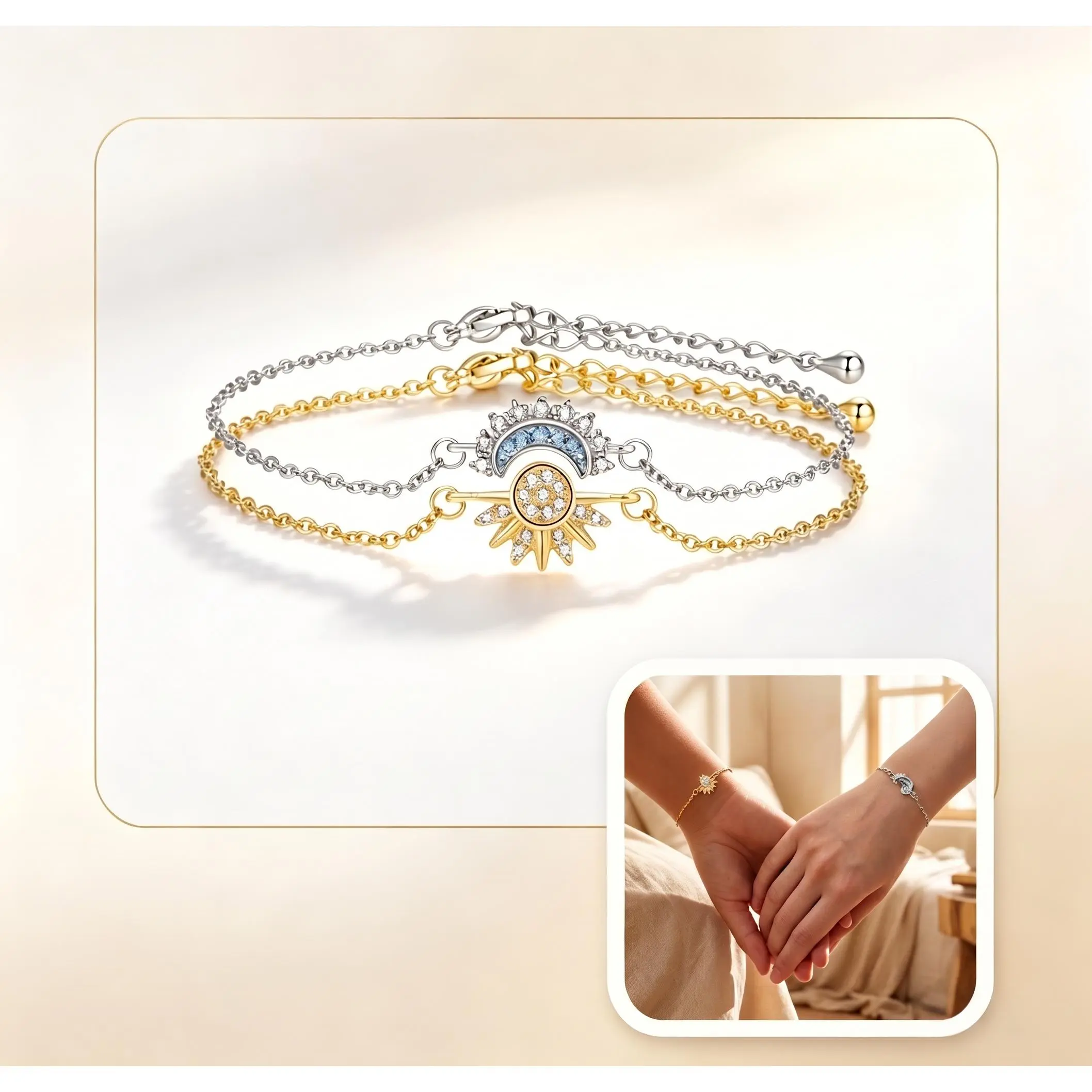 Sun And Moon Matching Bracelets Set, Adjustable Dainty Layered Chain Couple Bracelets With Shiny Synthetic Gemstones, Aesthetic Matching Jewelry Gift For Women Best Friends Lovers, Trendy Celestial Friendship Matching Bracelet Accessories-YY0