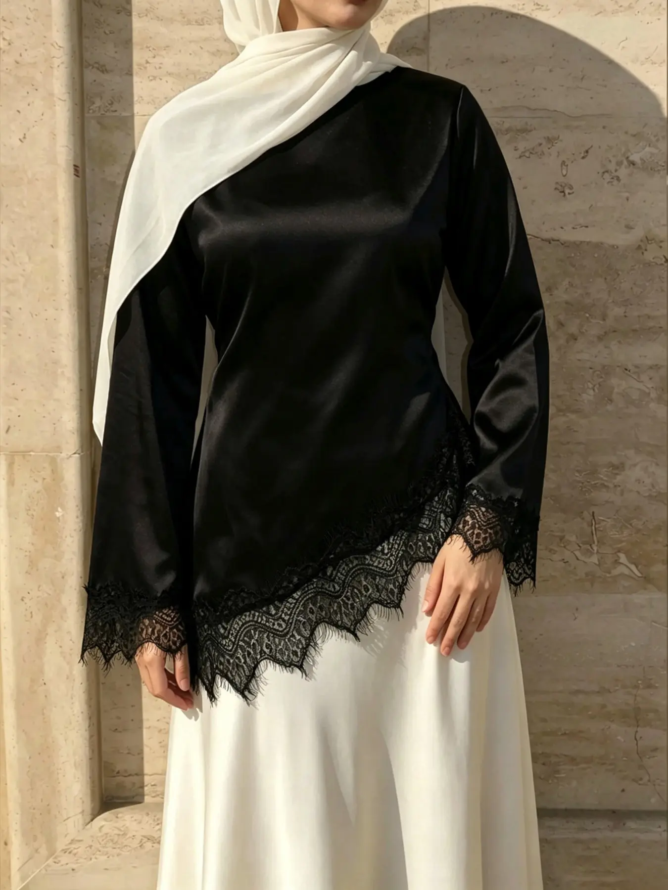 Muslim Satin Asymmetrical Lace Long Sleeve Top All Seasons Blouse Flared Sleeves Slim Fit Luxury Slimming New Arrival for Middle Eastern Women