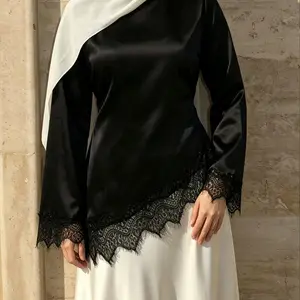 Muslim Satin Asymmetrical Lace Long Sleeve Top All Seasons Stylish Blouse Flared Sleeves Slim Fit Luxury Slimming New Arrival for Middle Eastern Women