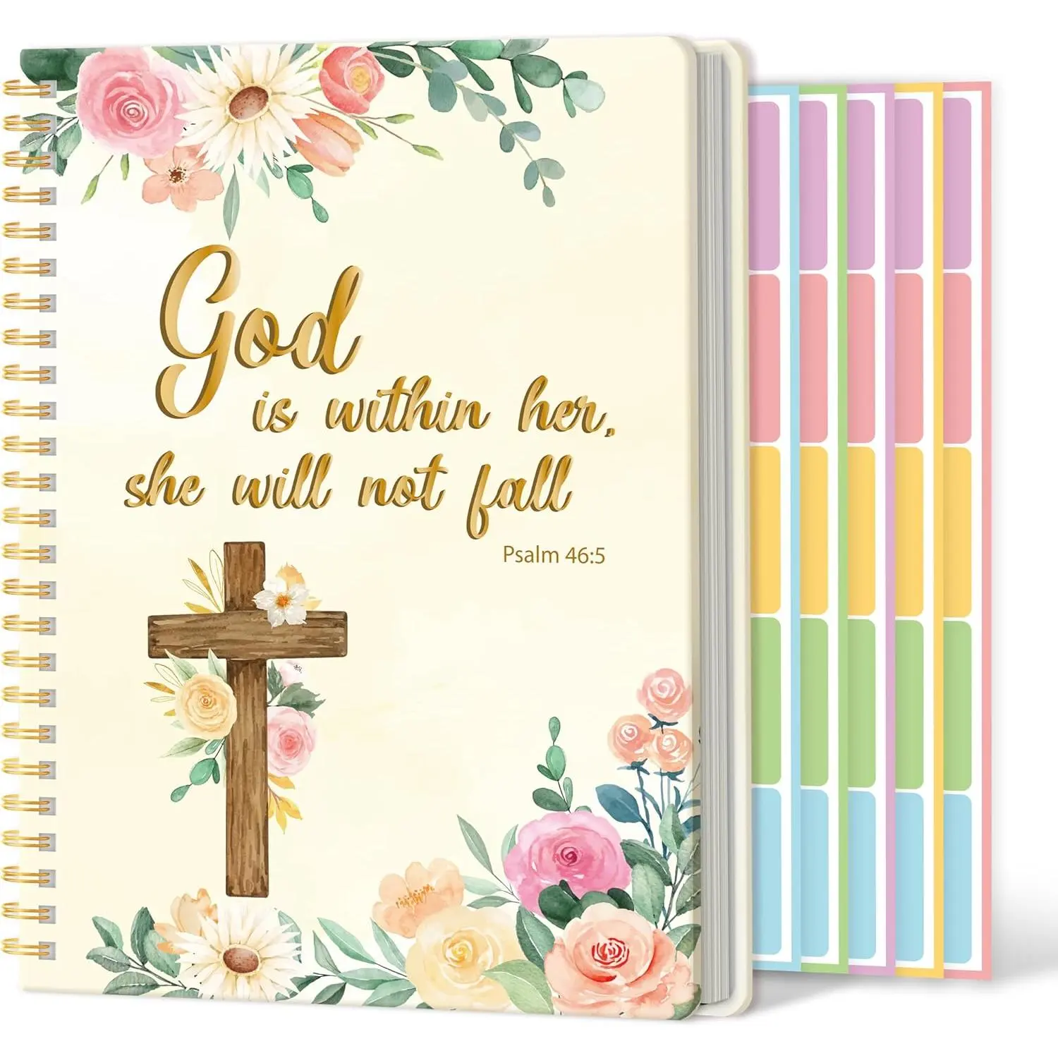 A5 Floral  Beige Religious Hardcover Spiral Notebook with  Tabs -  Christian  Verse Ruled Hardbound Journal Book Labels Index Christmas  Sunday School Office Supplies