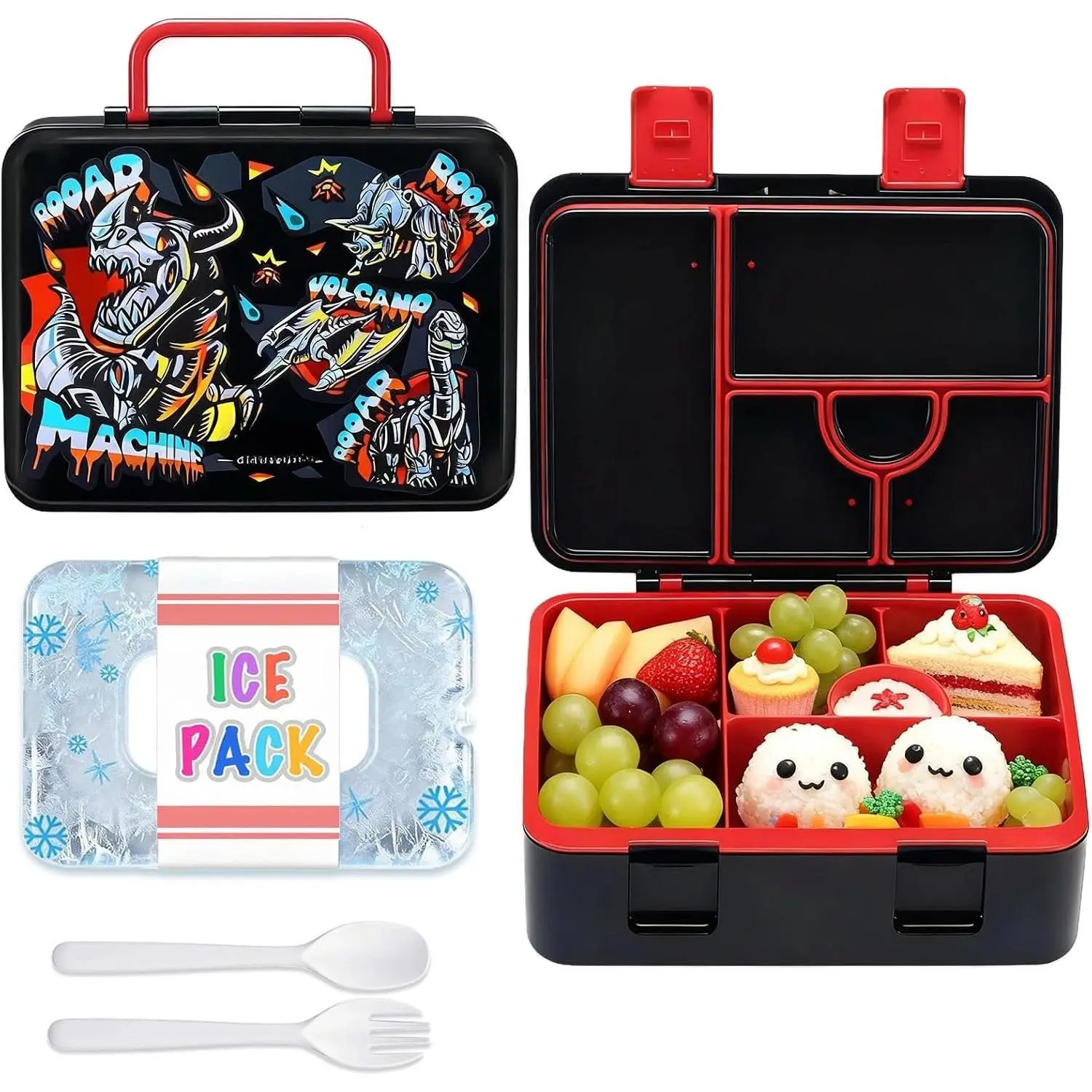 Chill Bento Box for - Large 5.5 Cups Lunch Box with Ice Pack - 5 Compartments, , Leak Proof, with Utensils & Portable Handle, Microwave/Dishwasher Safe (Black Dinosaur)