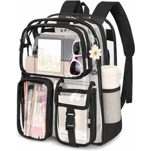 Clear Backpack for School, Heavy Duty PVC Transparent Bookbag with Reinforced Straps Stitches, Clear Bag for Stadium Events Girls Boys, Large Capacity Backpack for Security College Work - BlackGift.