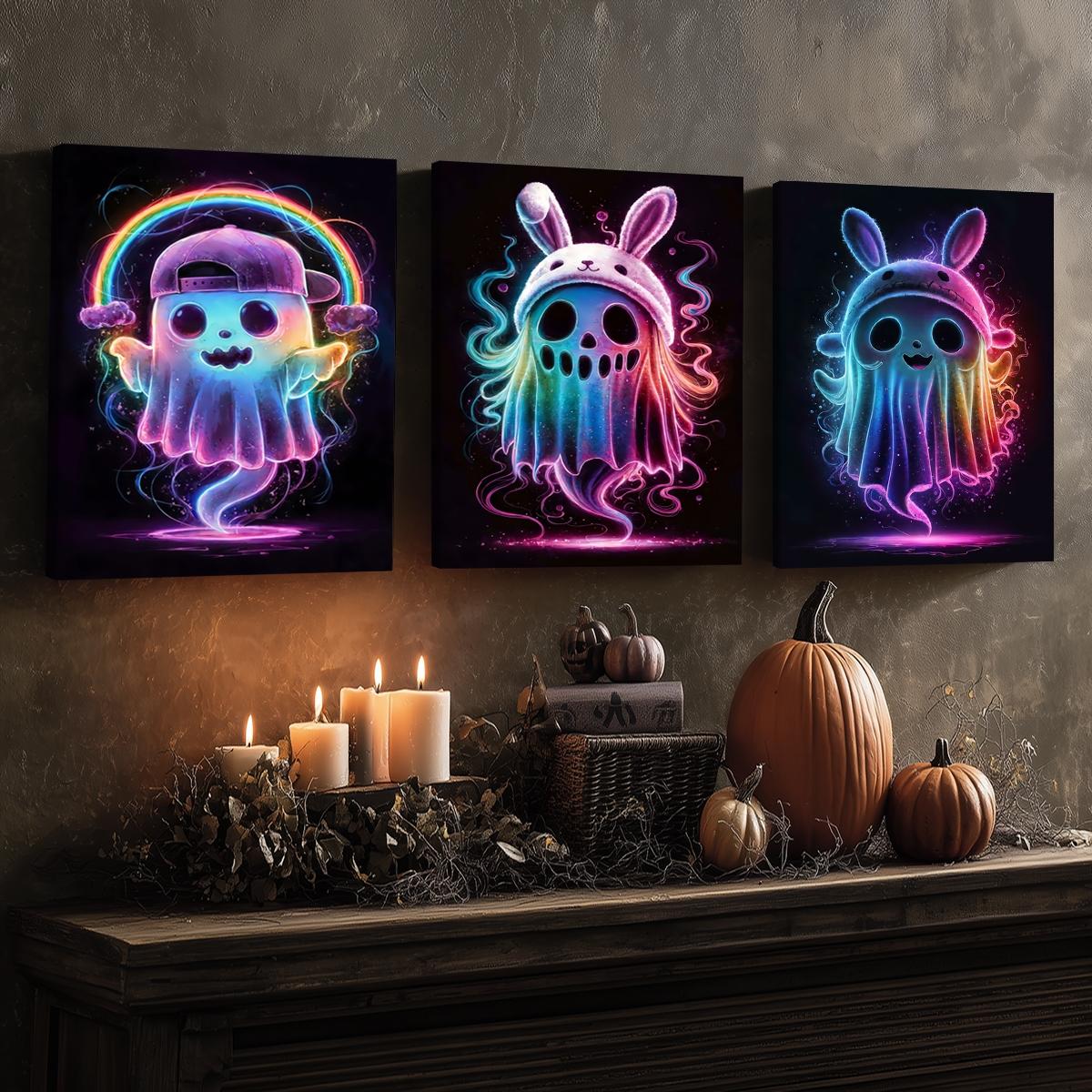 3 Counts Wooden Framed Canvas, Rainbow Ghost Poster, Halloween Home Poster, Halloween Party Decorations, Living Room And Bedroom Hanging Paintings, Horror Theme, Interesting Posters, Exquisite Gifts, High-Definition Art