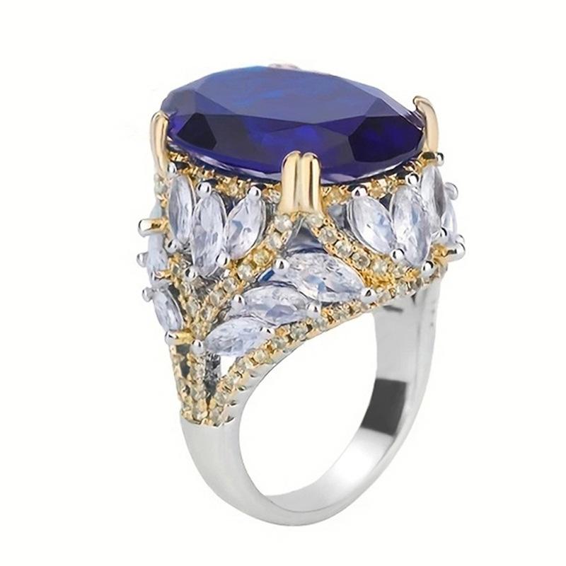 Regal Two-Tone Statement Ring for Women | Large Marquise-Ellipse Simulated Sapphire Ring | Vintage Royal Court Luxury Jewelry | Bold High-End Fashion Accessory