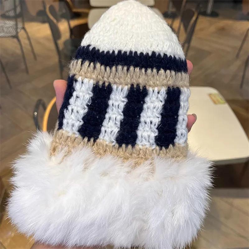 Winter Rabbit Fur Plush Handmade Knitted Hat for Women Men Outdoor Ear Protection Soft Warm Beanie Y2k Streetwear Knitted Hats