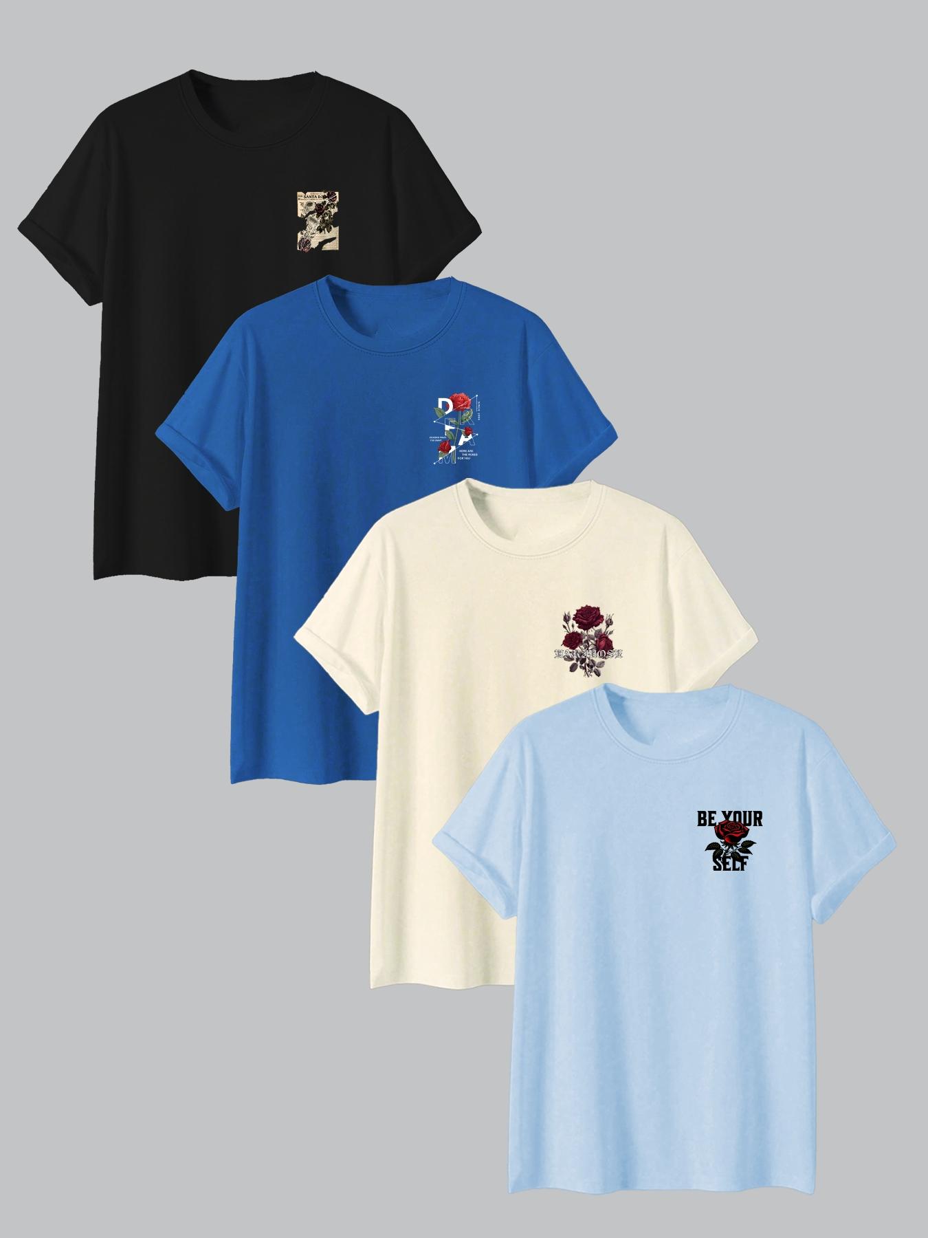 Men's Rose & Letter Print Short Sleeve Graphic Tee, Streetwear Regular Fit Casual Round Neck T-shirt for Summer, Men's Top for Daily Wear