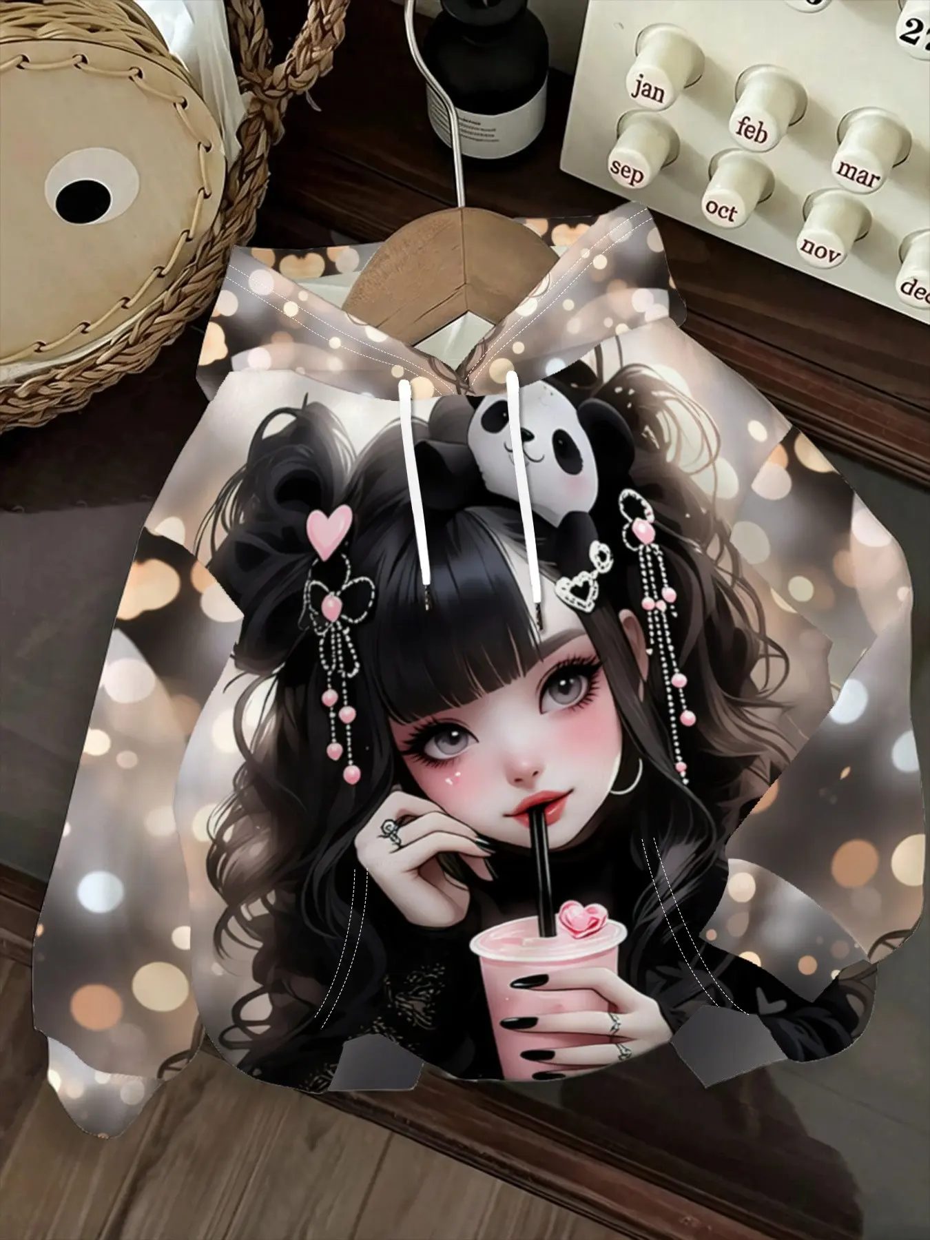 Sweet Cool Twin Ponytail Panda Girl Milk Tea Spot Print Loose Hoodie, Casual Long Sleeve, Spring & Fall, Comfortable Fashion